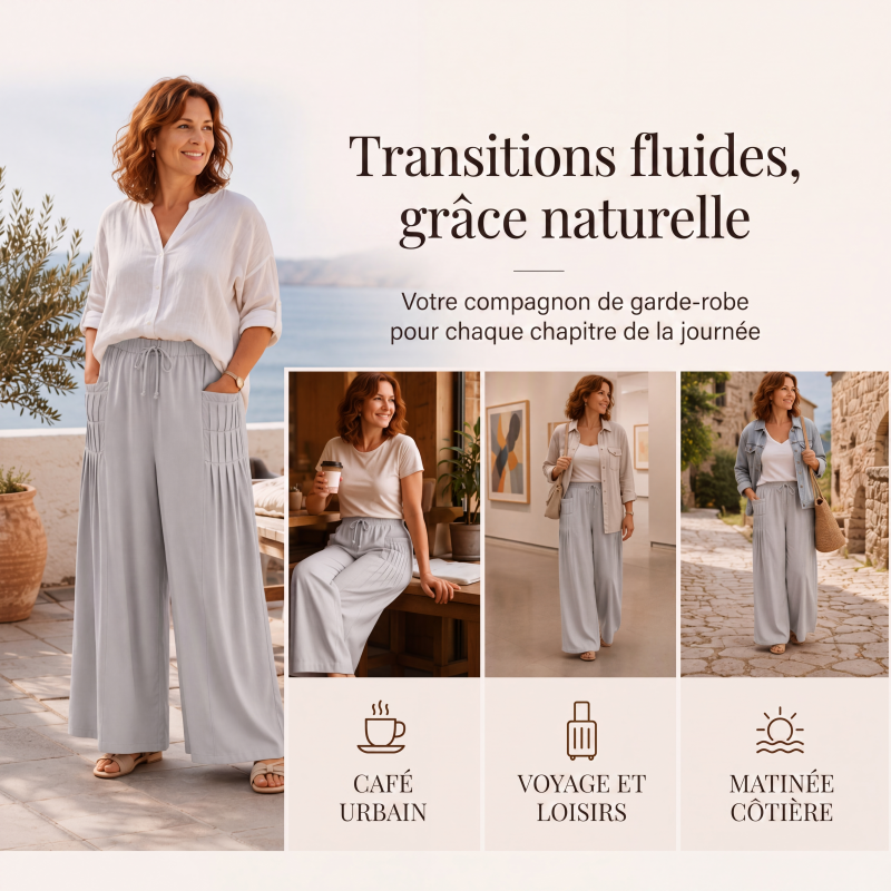 Pantalon large femme en coton et lin