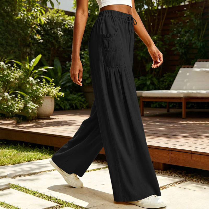 Pantalon large femme en coton et lin