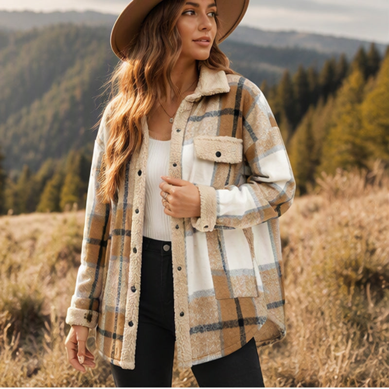⏳Liquidation totale⏳Veste à carreaux à blocs de couleur décontractée pour femme