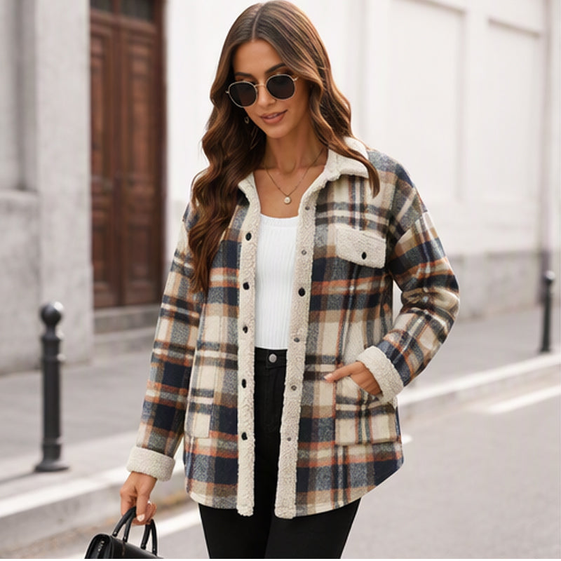 ⏳Liquidation totale⏳Veste à carreaux à blocs de couleur décontractée pour femme